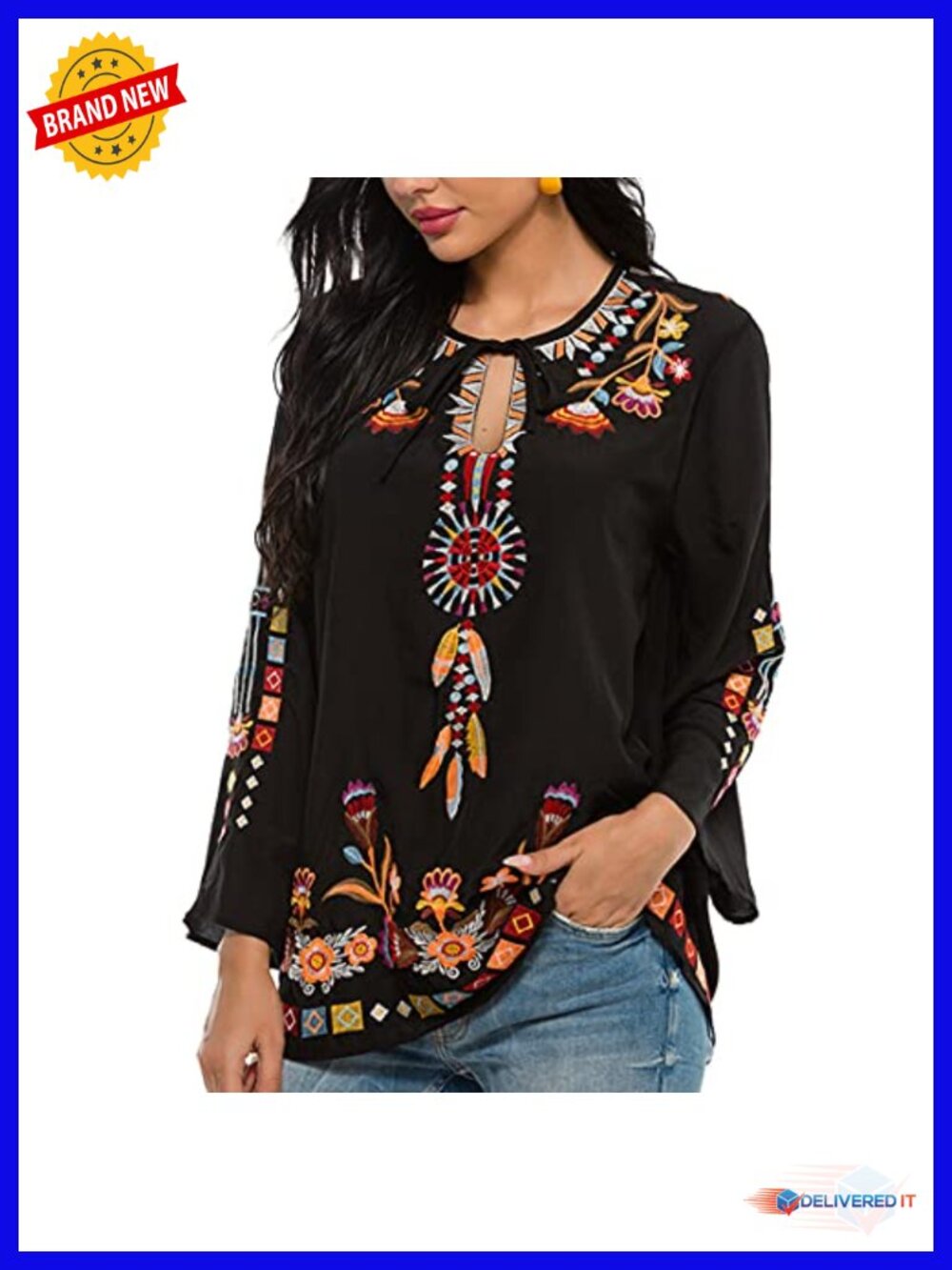Women's Embroidered Mexican Peasant Tunic V-Neck Boho Blouse Cotton Rayon